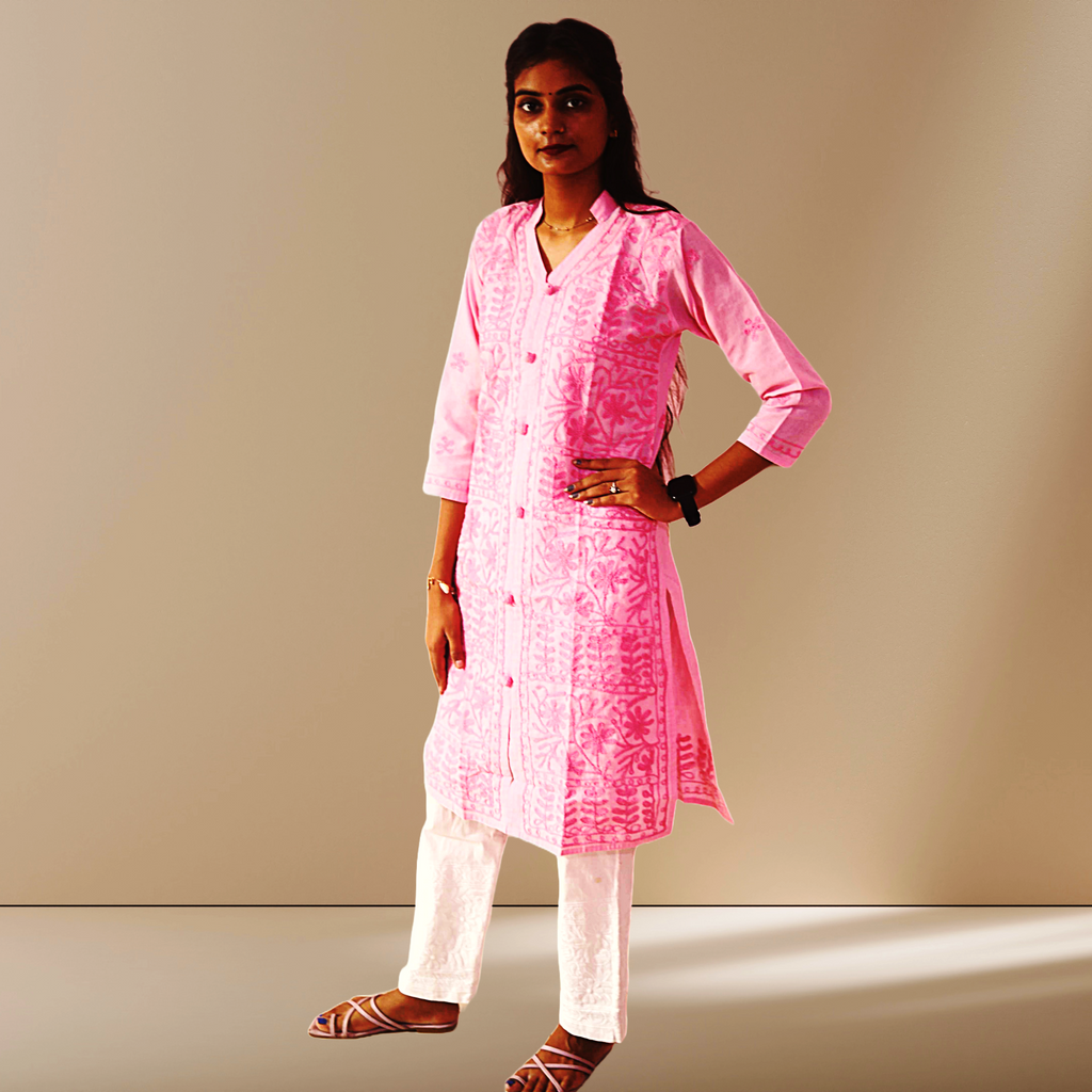 KurtiVerse White & Pink Button Kurti Combo Pack Of 2