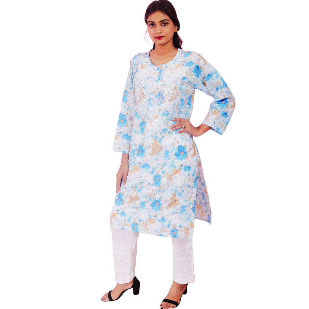 Women Printed Cotton Kurti with Embroidery Machine Work Kurta Top