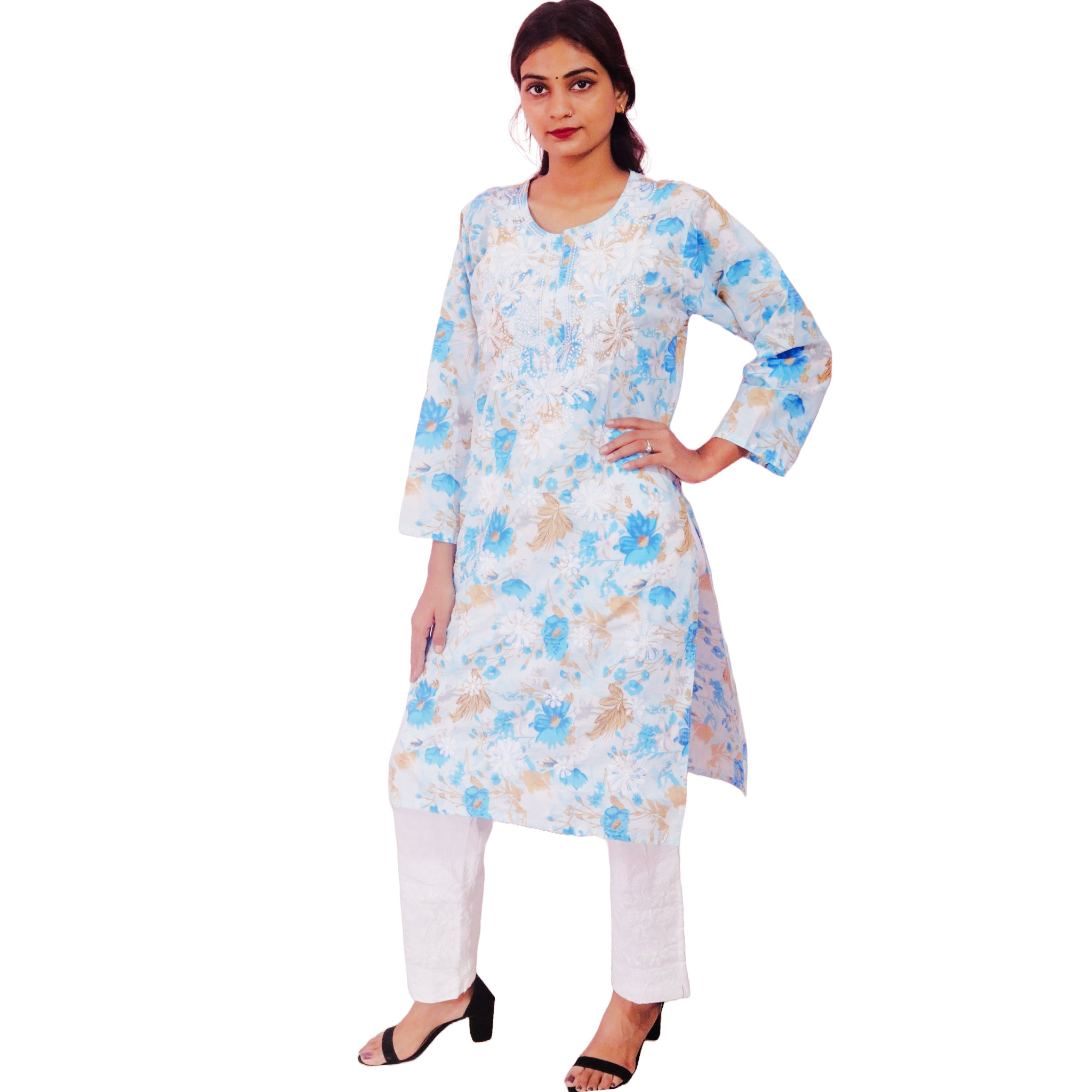 Women Printed Cotton Kurti with Embroidery Machine Work Kurta Top