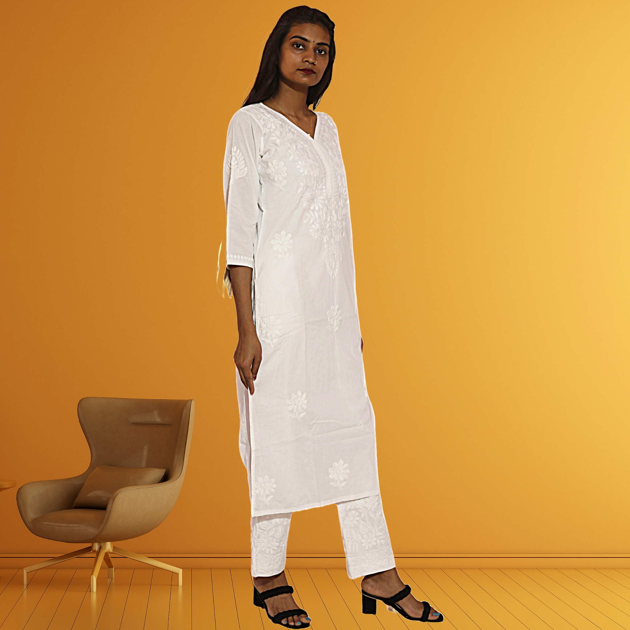 KurtiVerse Women Pure Cotton Chikankari Hand Embroidery Kurti White Kurta