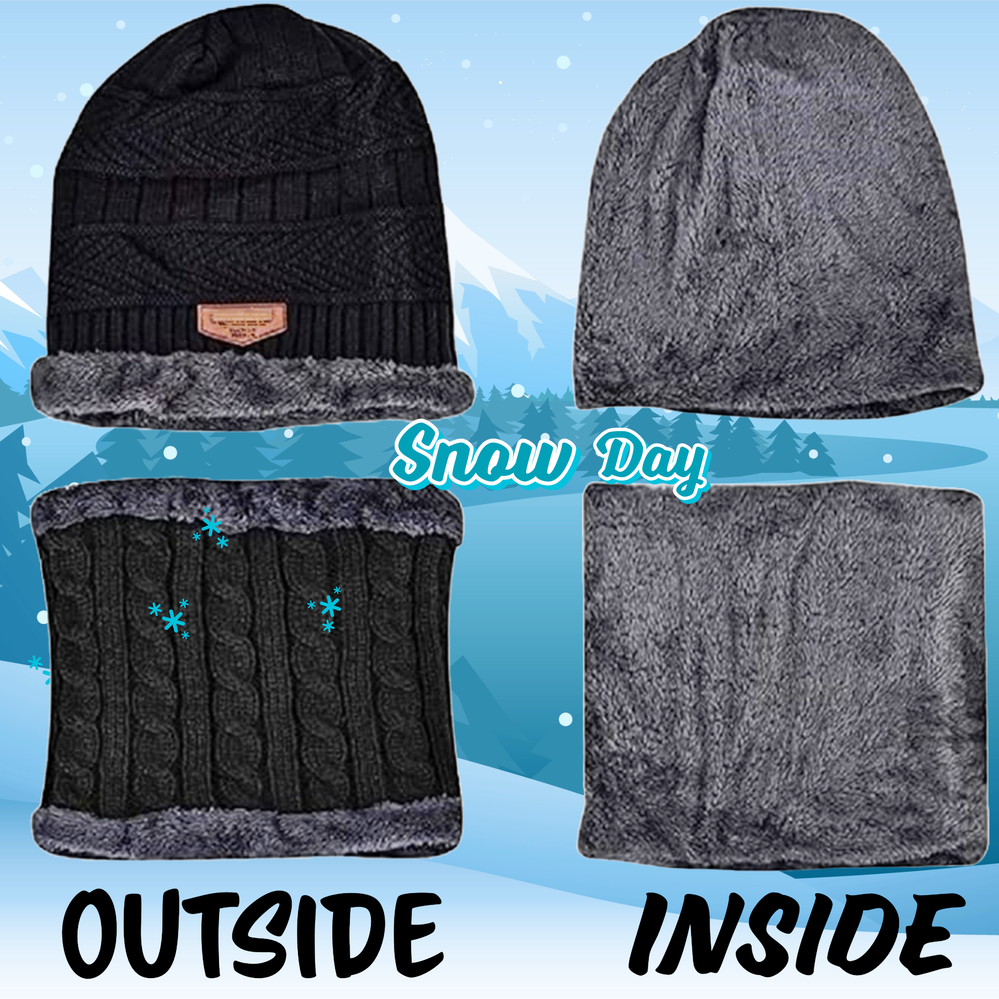 KURTIVERSE Grey & Black Woolen Cap Neck Warmer Set Combo Pack Of 2