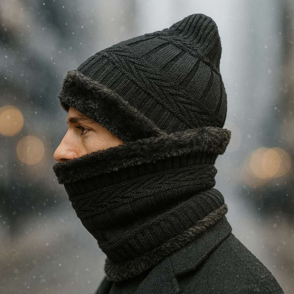 Kurtiverse Oversized Winter Beanie Cap & Neck Warmer Set — Street Style XL Knit Hat + Fleece Muffler | Unisex Big Head Fit | Comfort Warmth for City Winters