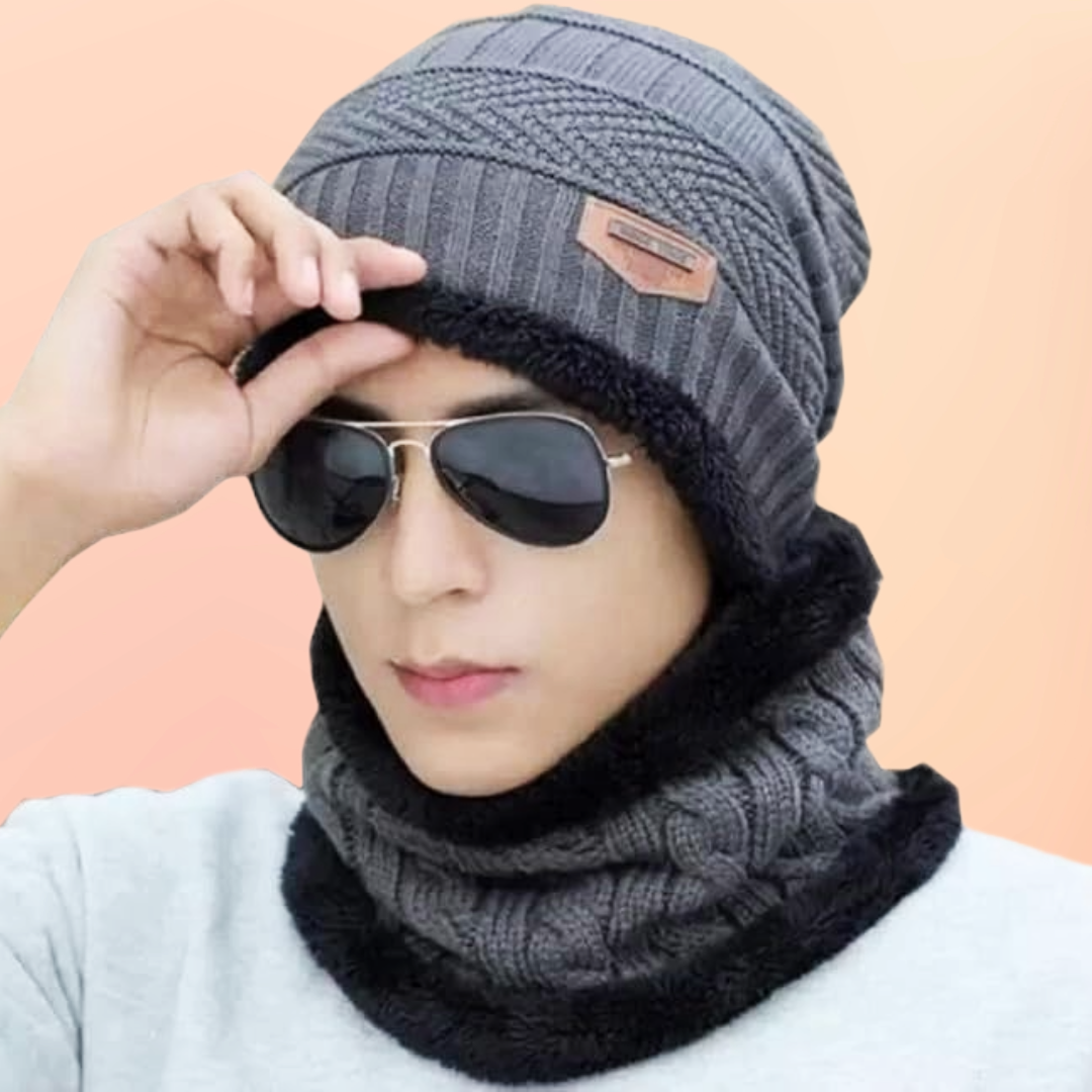 Dark Grey Woolen Winter Cap and Neck Warmer for Men, Women, Boys, Girls, Thermal Wear