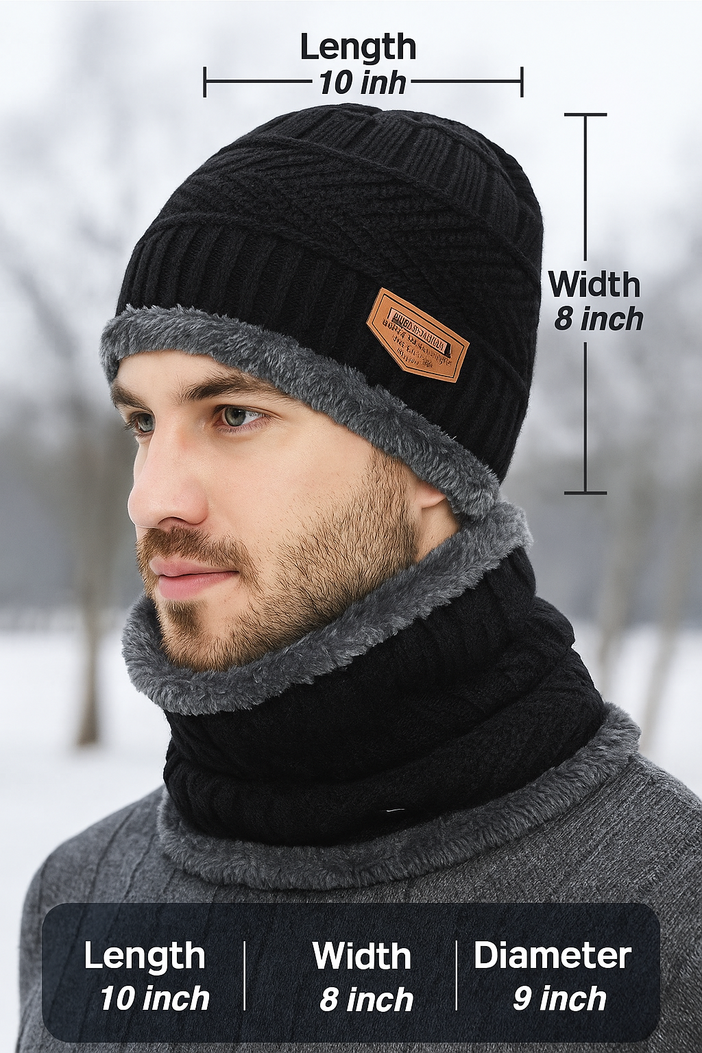KURTIVERSE Beanie Cap & Muffler Set for Men & Women – 2 Piece Winter Combo Pack Black