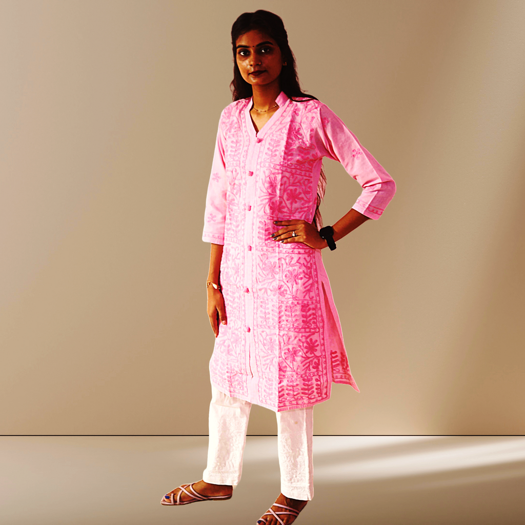 KurtiVerse White & Pink Button Kurti Combo Pack Of 2