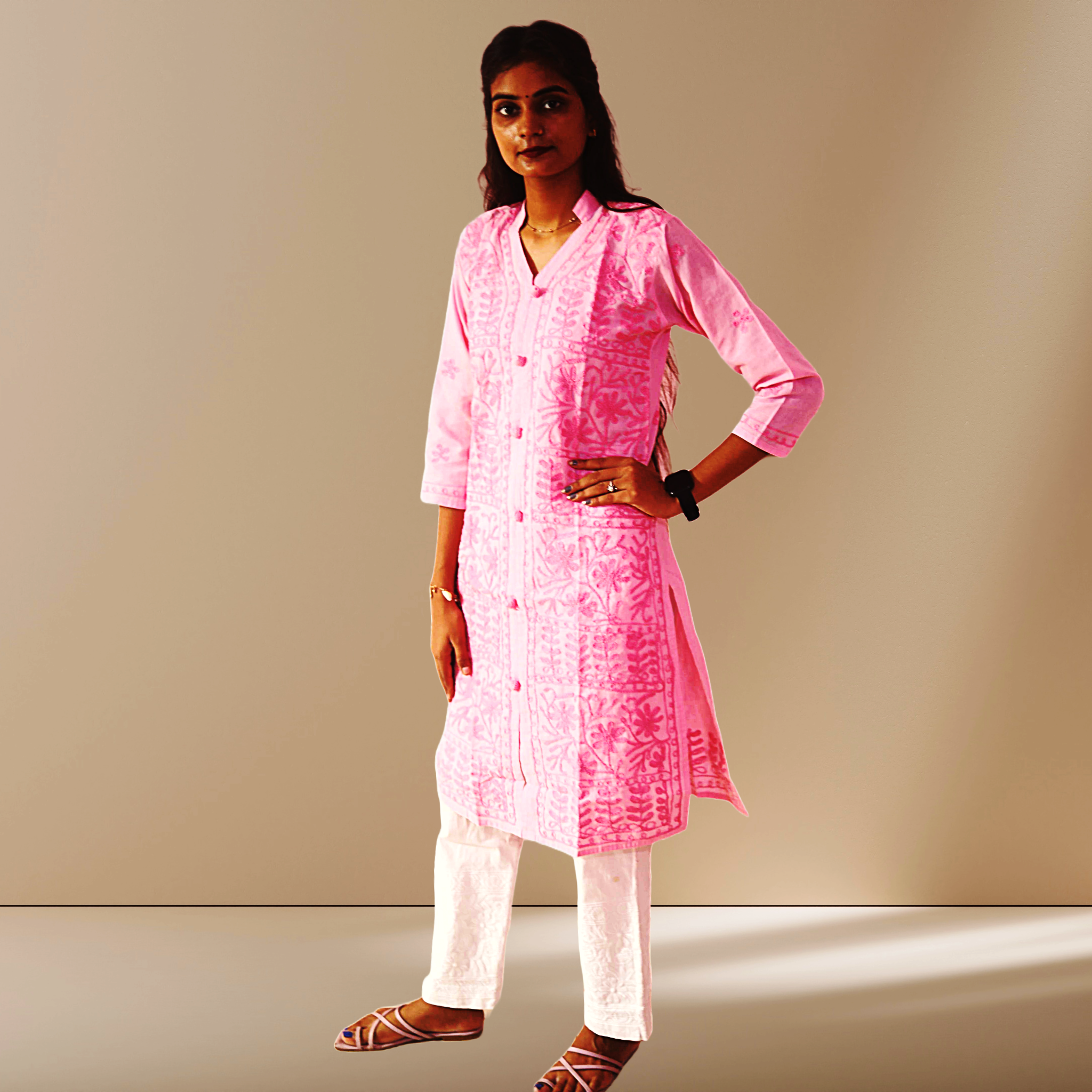 KurtiVerse White & Pink Button Kurti Combo Pack Of 2