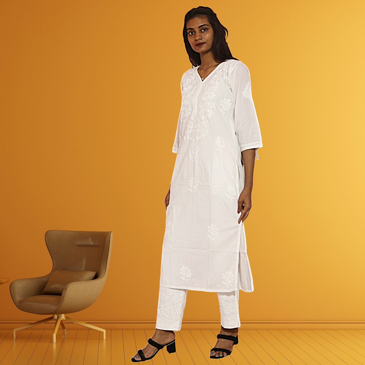 KurtiVerse Women Pure Cotton Chikankari Hand Embroidery Kurti White Kurta