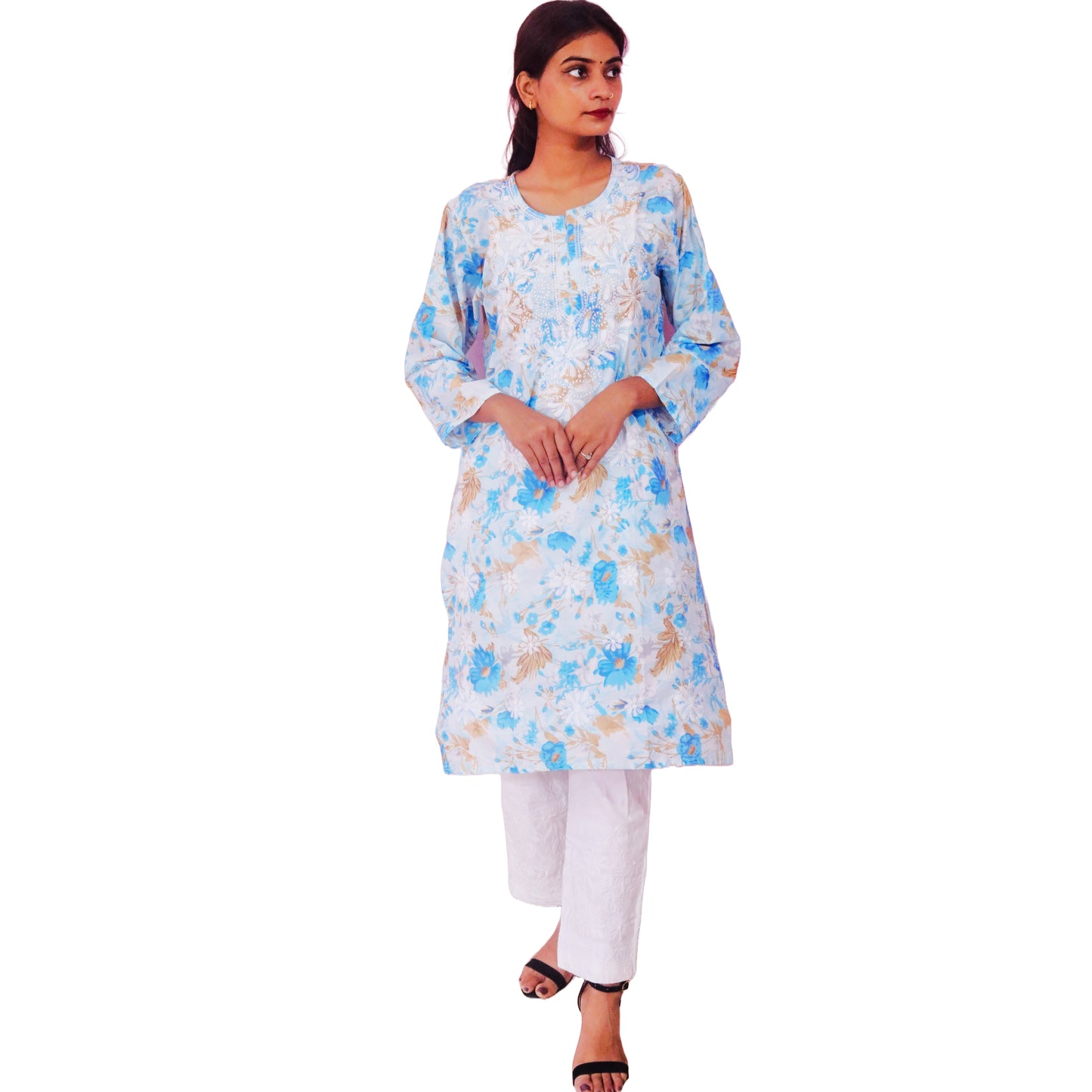 Women Printed Cotton Kurti with Embroidery Machine Work Kurta Top