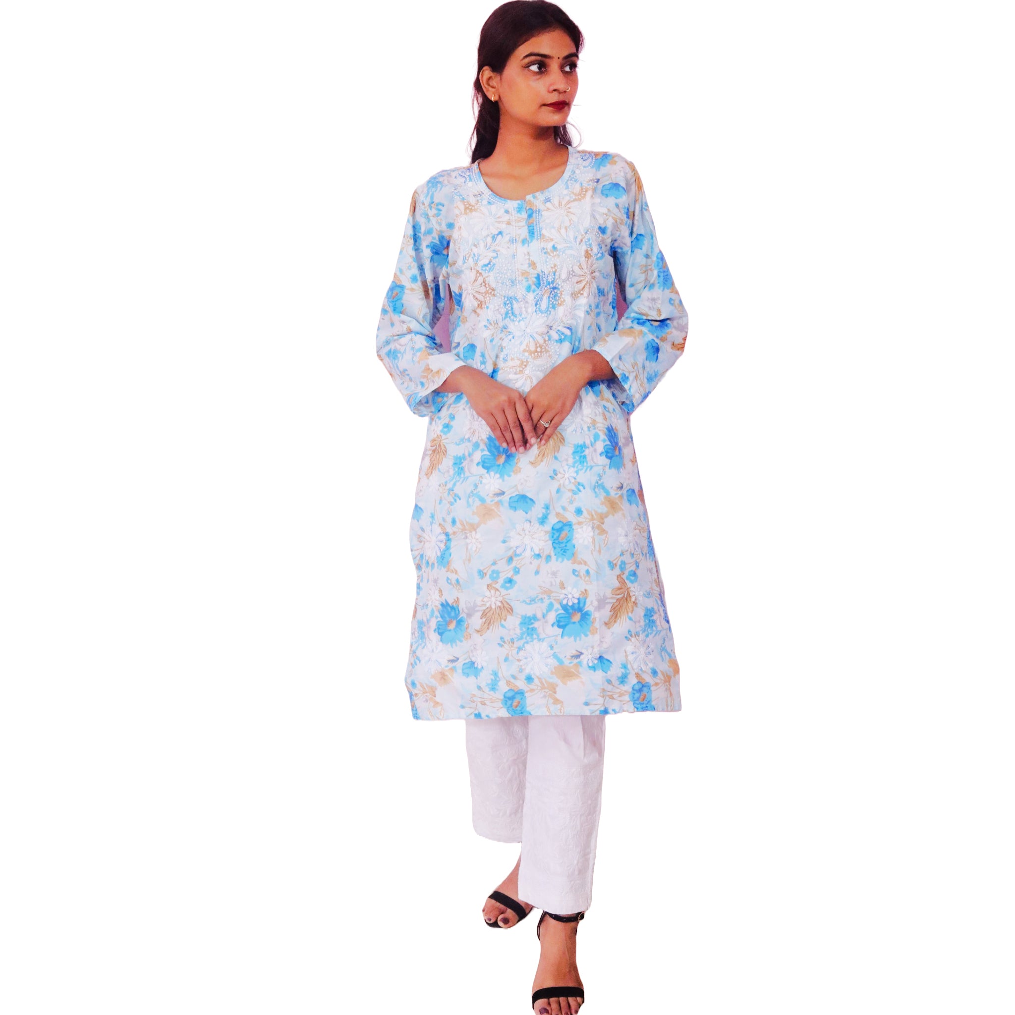 Women Printed Cotton Kurti with Embroidery Machine Work Kurta Top