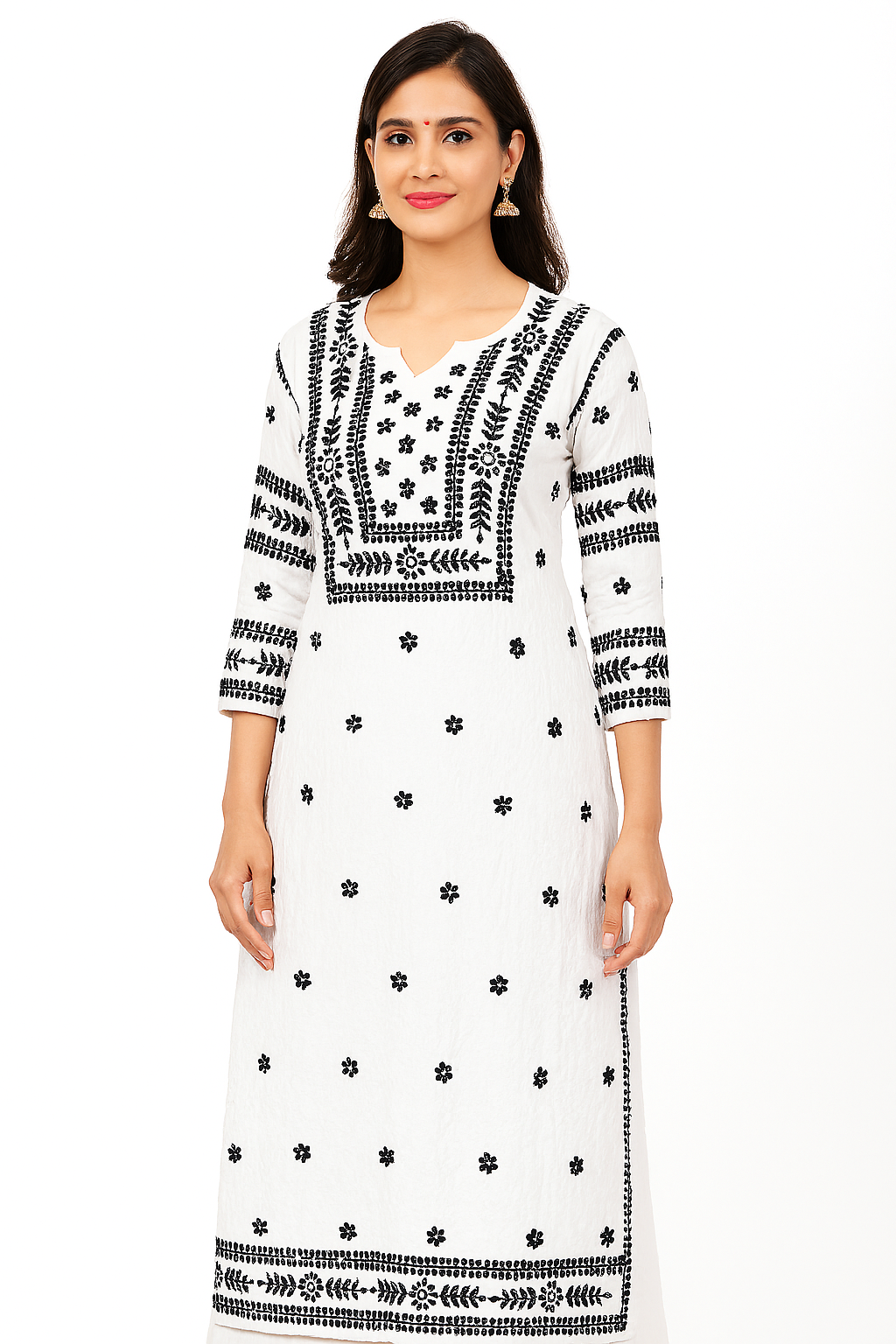 KURTIVERSE Women's Chikankari Kurti White with Black Hand Embroidery 3/4 Sleeve Traditional Indian Ethnic Wear Kurta for Rakhi, Diwali, Dussehra Festival Wear