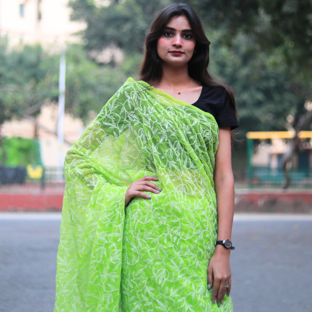 KURTIVERSE Women Chikankari Hand Embroidery Saree Blouse, Green