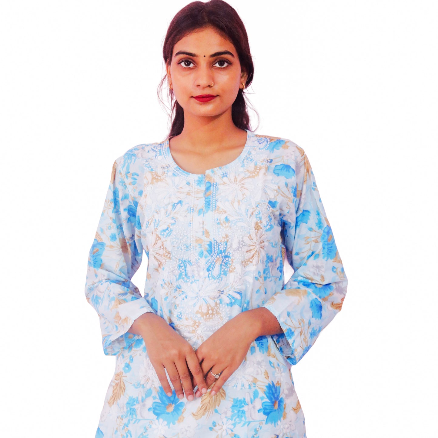 Women Printed Cotton Kurti with Embroidery Machine Work Kurta Top