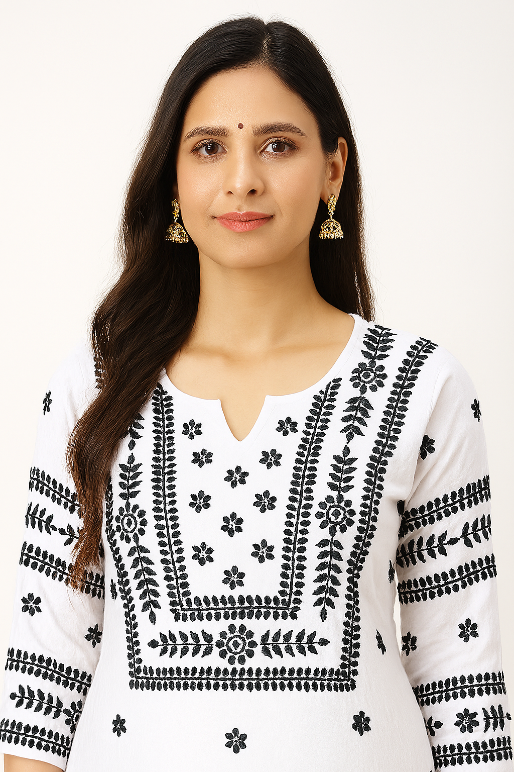 KURTIVERSE Women's Chikankari Kurti White with Black Hand Embroidery 3/4 Sleeve Traditional Indian Ethnic Wear Kurta for Rakhi, Diwali, Dussehra Festival Wear
