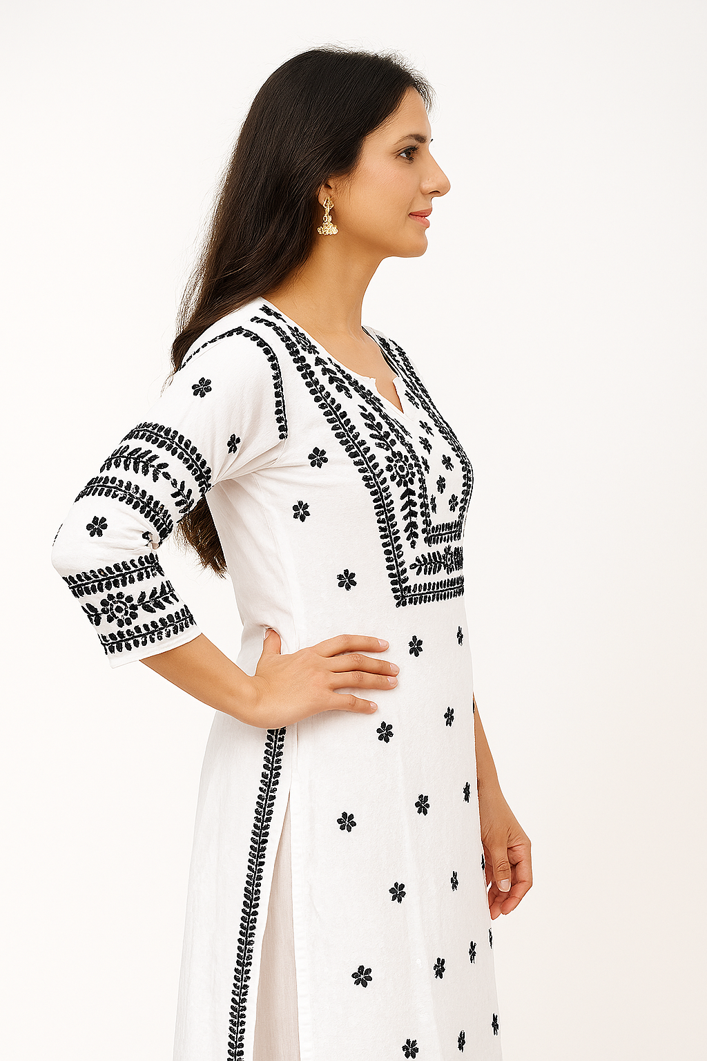 KURTIVERSE Women's Chikankari Kurti White with Black Hand Embroidery 3/4 Sleeve Traditional Indian Ethnic Wear Kurta for Rakhi, Diwali, Dussehra Festival Wear
