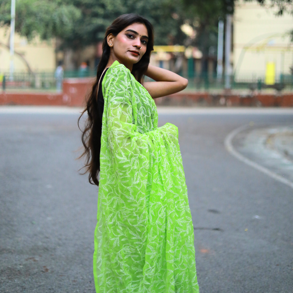 KURTIVERSE Women Chikankari Hand Embroidery Saree Blouse, Green