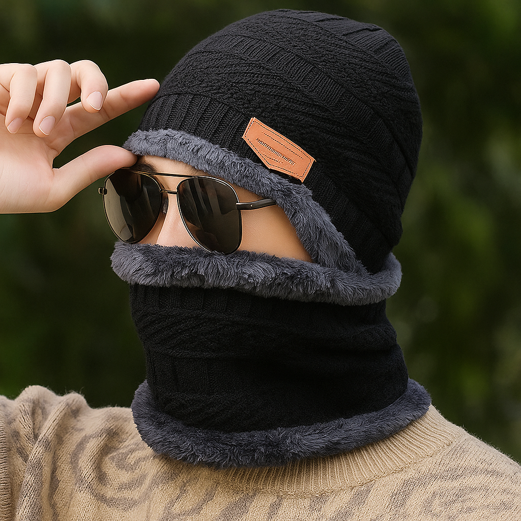 KURTIVERSE Beanie Cap & Muffler Set for Men & Women – 2 Piece Winter Combo Pack Black