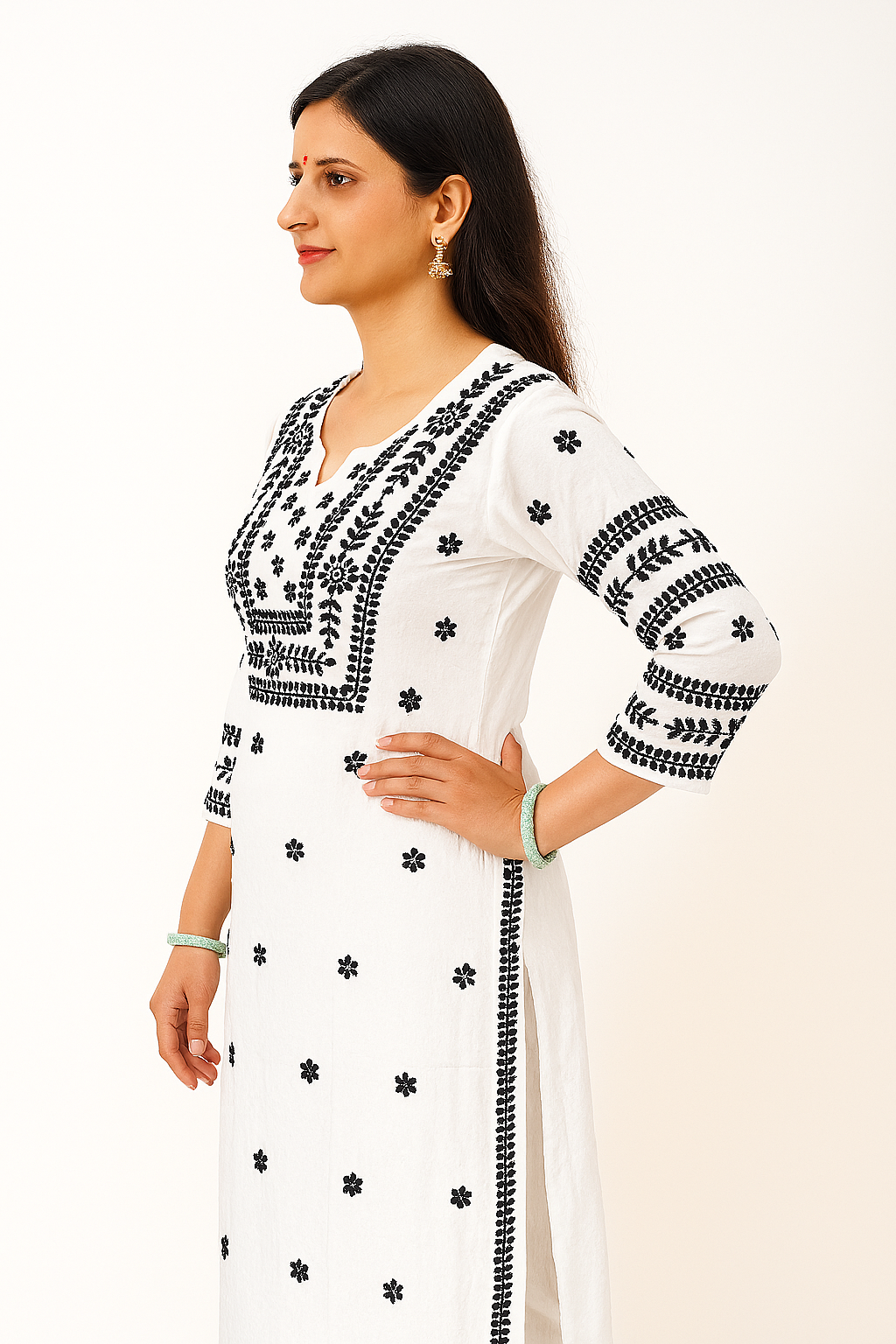 KURTIVERSE Women's Chikankari Kurti White with Black Hand Embroidery 3/4 Sleeve Traditional Indian Ethnic Wear Kurta for Rakhi, Diwali, Dussehra Festival Wear