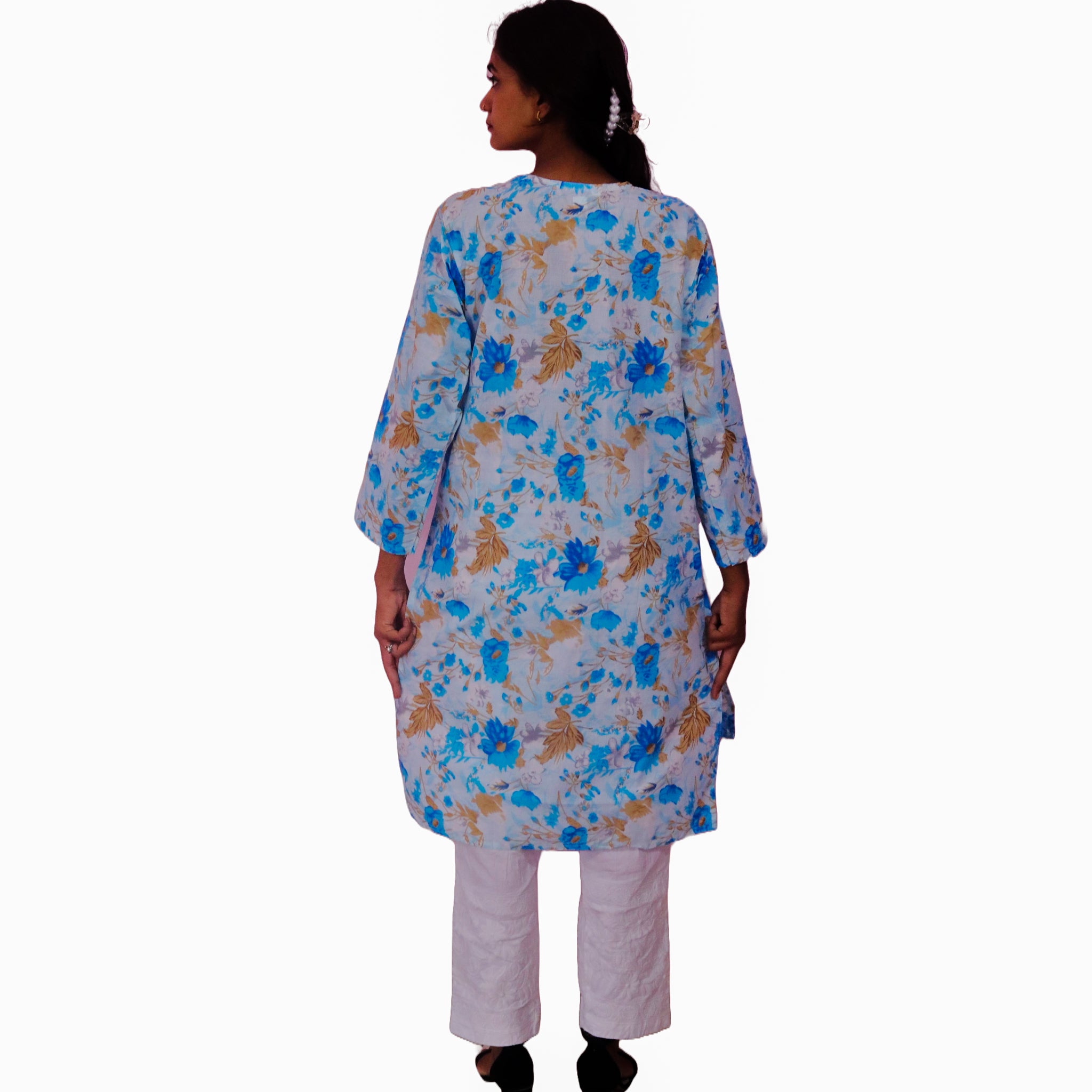 Women Printed Cotton Kurti with Embroidery Machine Work Kurta Top