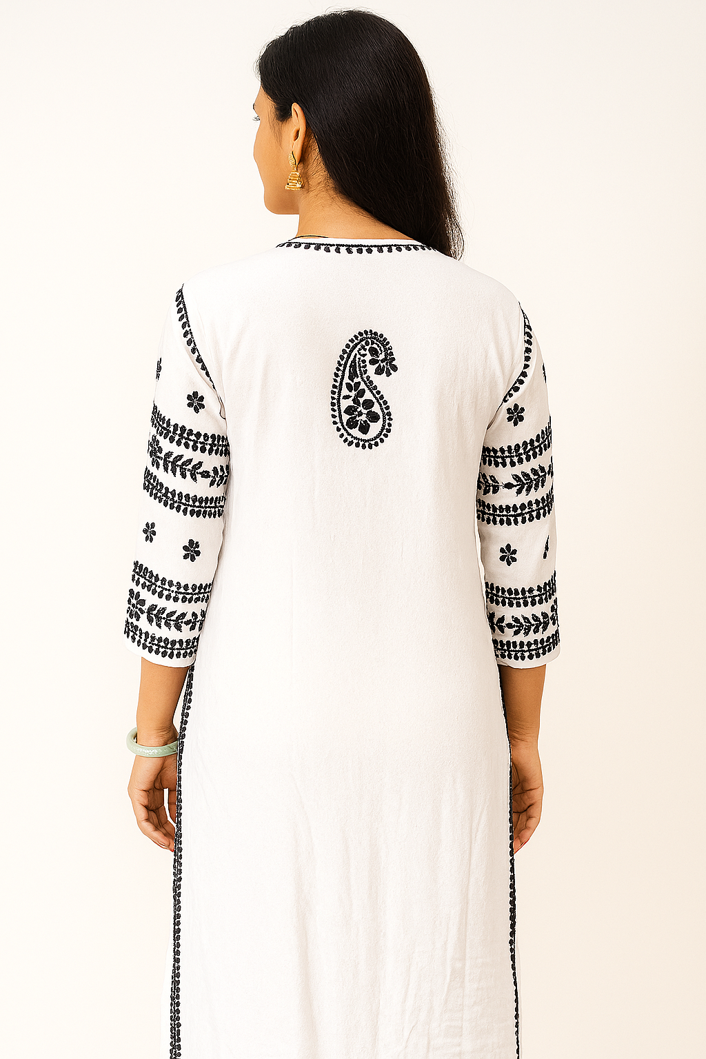 KURTIVERSE Women's Chikankari Kurti White with Black Hand Embroidery 3/4 Sleeve Traditional Indian Ethnic Wear Kurta for Rakhi, Diwali, Dussehra Festival Wear