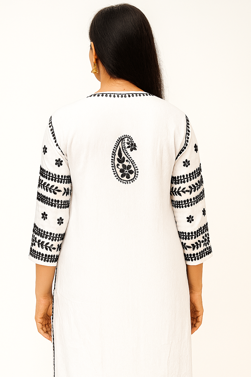 KURTIVERSE Women's Chikankari Kurti White with Black Hand Embroidery 3/4 Sleeve Traditional Indian Ethnic Wear Kurta for Rakhi, Diwali, Dussehra Festival Wear