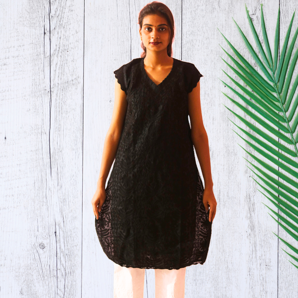 KurtiVerse Short Sleeve Cotton Chikan Embroidery Kurti for Women Black