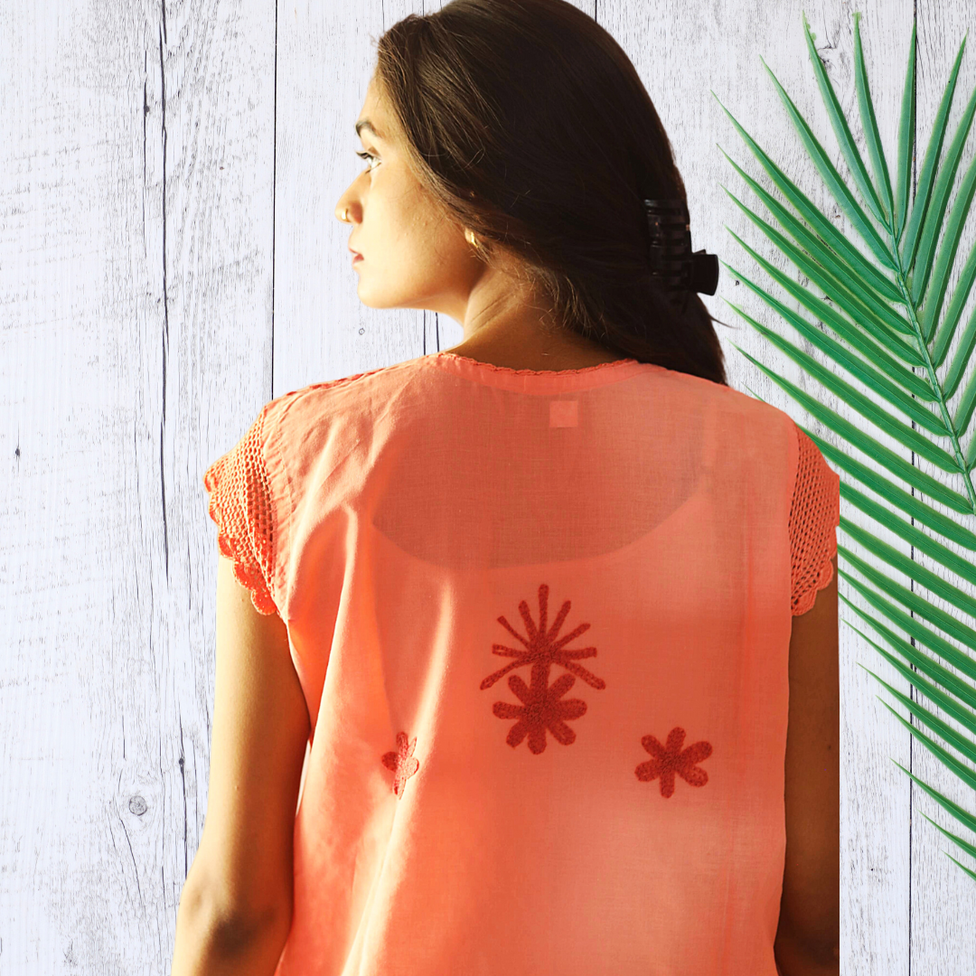 KurtiVerse Short Sleeve Cotton Chikan Embroidery Kurti for Women - Peach