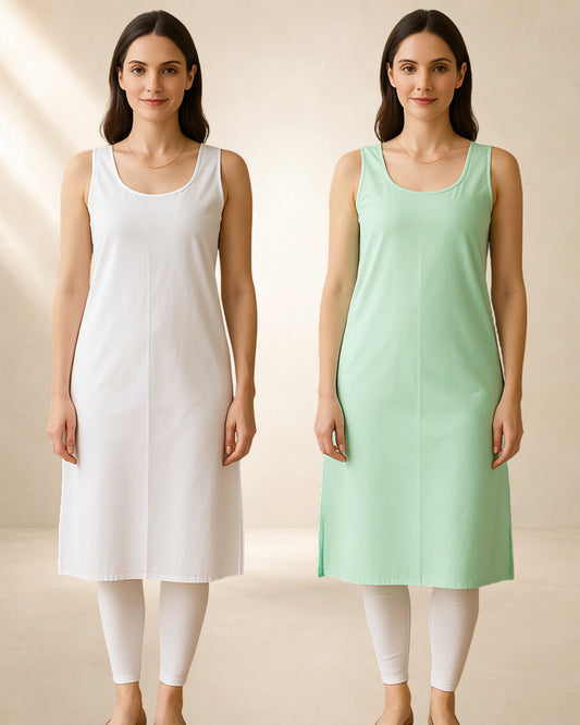 KURTIVERSE Women’s Poly Cotton Long Inner Slip Combo Pack of 2 with Side Slit | Sea Green & White