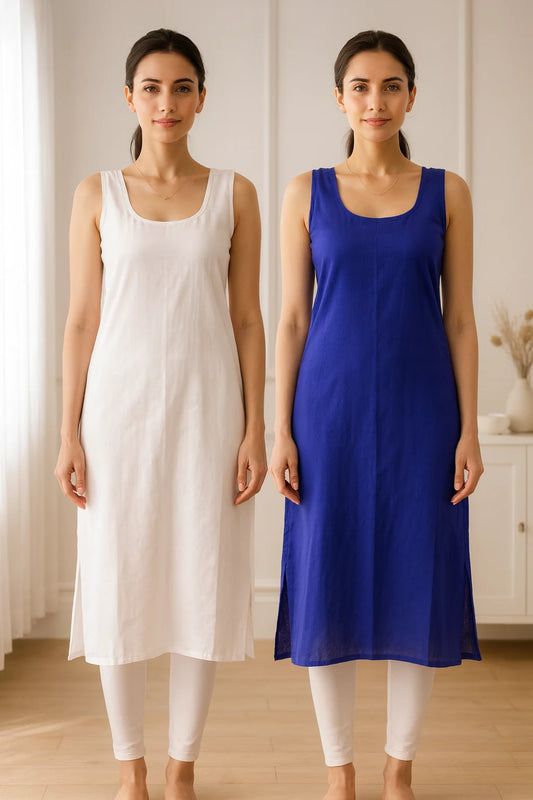KURTIVERSE Women’s Poly Cotton Long Inner Slip Combo Pack of 2 with Side Slit | Navy Blue & White