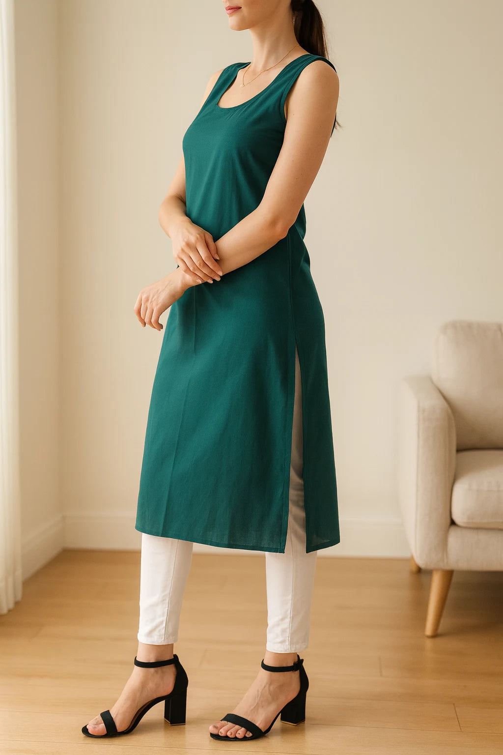 KURTIVERSE Women’s Poly Cotton Long Inner Slip Combo Pack of 2 with Side Slit | Bottle Green & Black