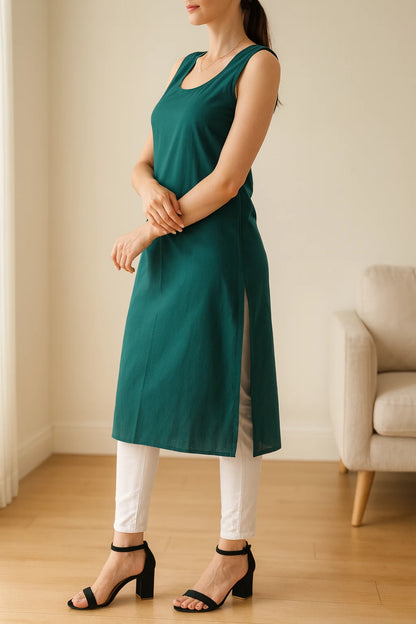 KURTIVERSE Women’s Poly Cotton Long Inner Slip Combo Pack of 2 with Side Slit | Bottle Green & Black
