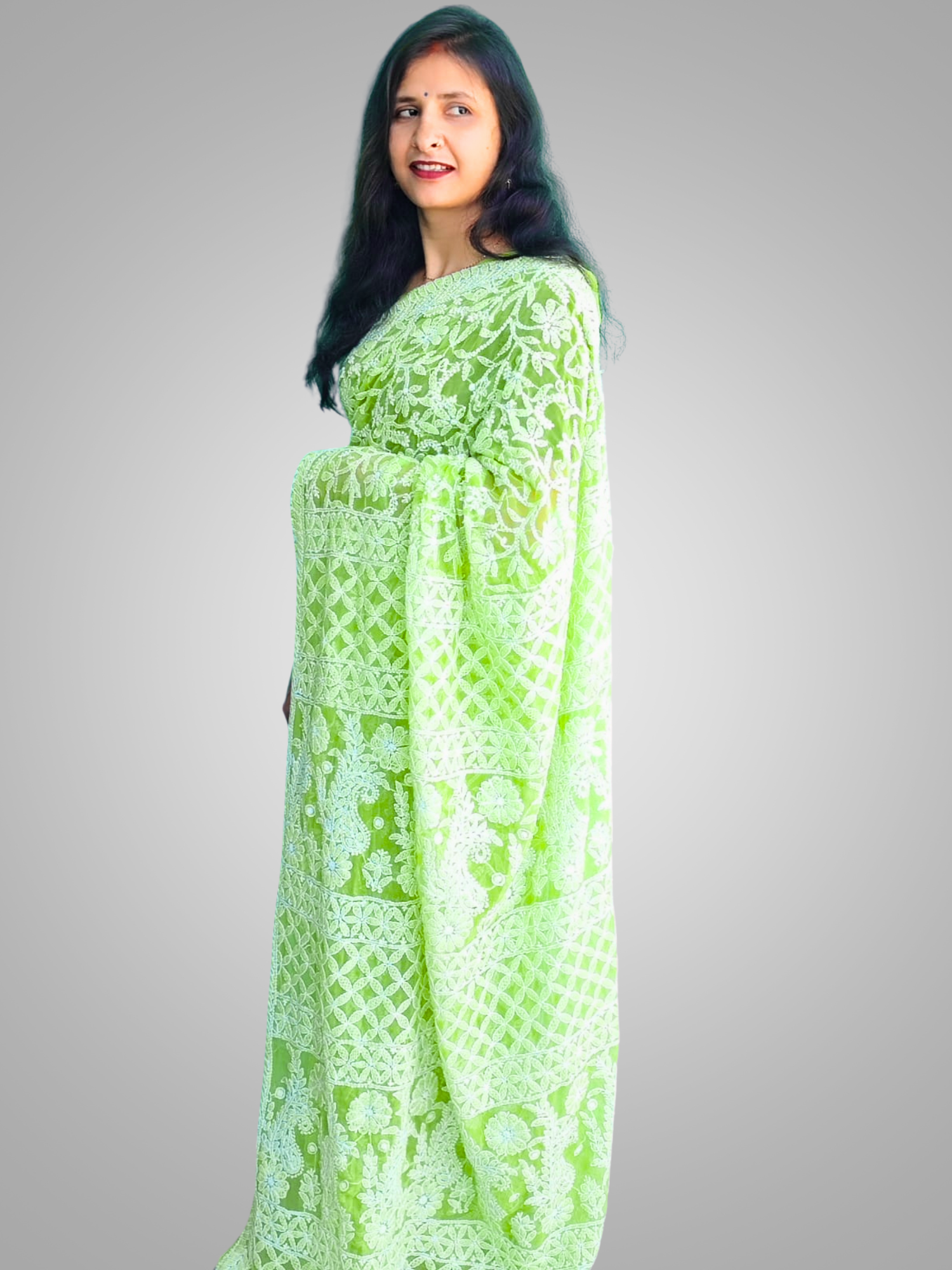 KURTIVERSE Chikan Hand Embroidered Georgette Saree with Blouse