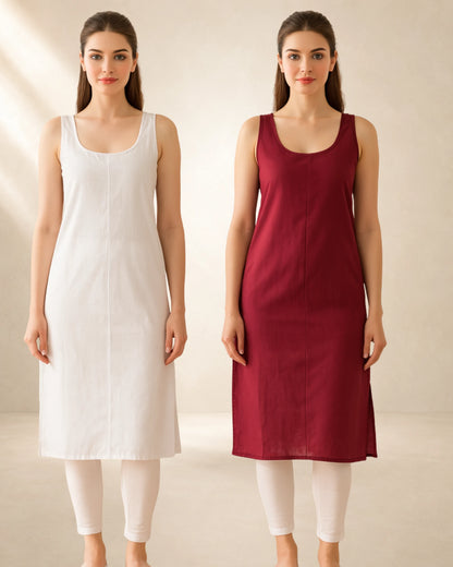 Women’s 41-Inch Long Inner Slip Combo – Maroon & White (Pack of 2) – product image