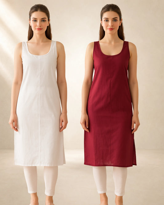 KURTIVERSE Women’s Poly Cotton Long Inner Slip Combo Pack of 2 with Side Slit | Maroon & White