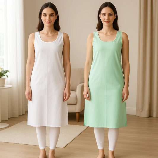 KURTIVERSE Women’s Poly Cotton Long Inner Slip Combo Pack of 2 with Side Slit | Sea Green & White