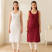 KURTIVERSE Women’s Poly Cotton Long Inner Slip Combo Pack of 2 with Side Slit | Maroon & White