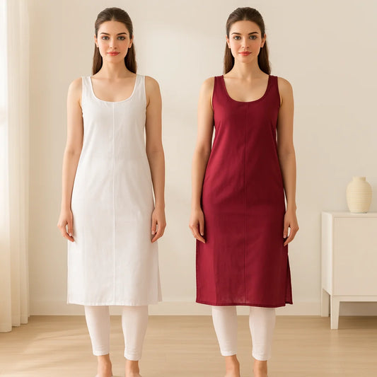 KURTIVERSE Women’s Poly Cotton Long Inner Slip Combo Pack of 2 with Side Slit | Maroon & White