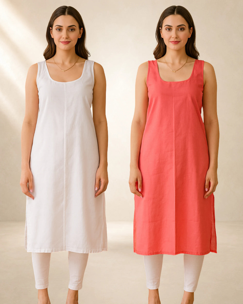 KURTIVERSE Women’s Poly Cotton Long Inner Slip Combo Pack of 2 with Side Slit | Carrot Red & White