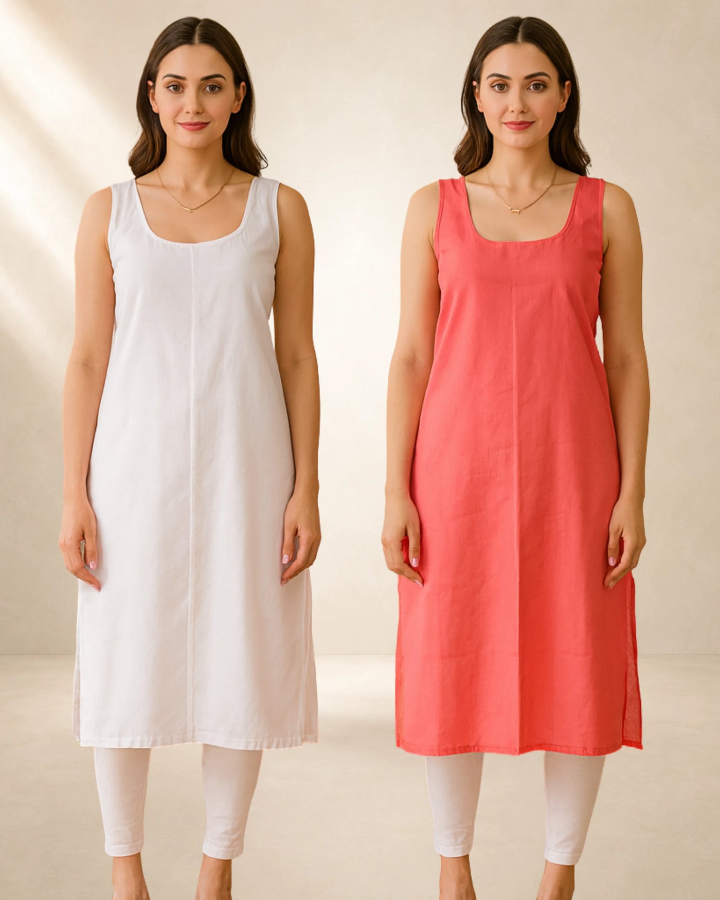 KURTIVERSE Women’s Poly Cotton Long Inner Slip Combo Pack of 2 with Side Slit | Carrot Red & White