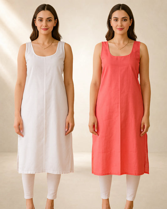 KURTIVERSE Women’s Poly Cotton Long Inner Slip Combo Pack of 2 with Side Slit | Carrot Red & White