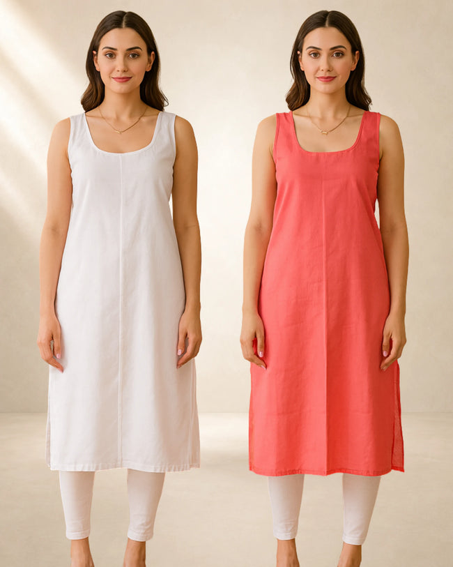 KURTIVERSE Women’s Poly Cotton Long Inner Slip Combo Pack of 2 with Side Slit | Carrot Red & White