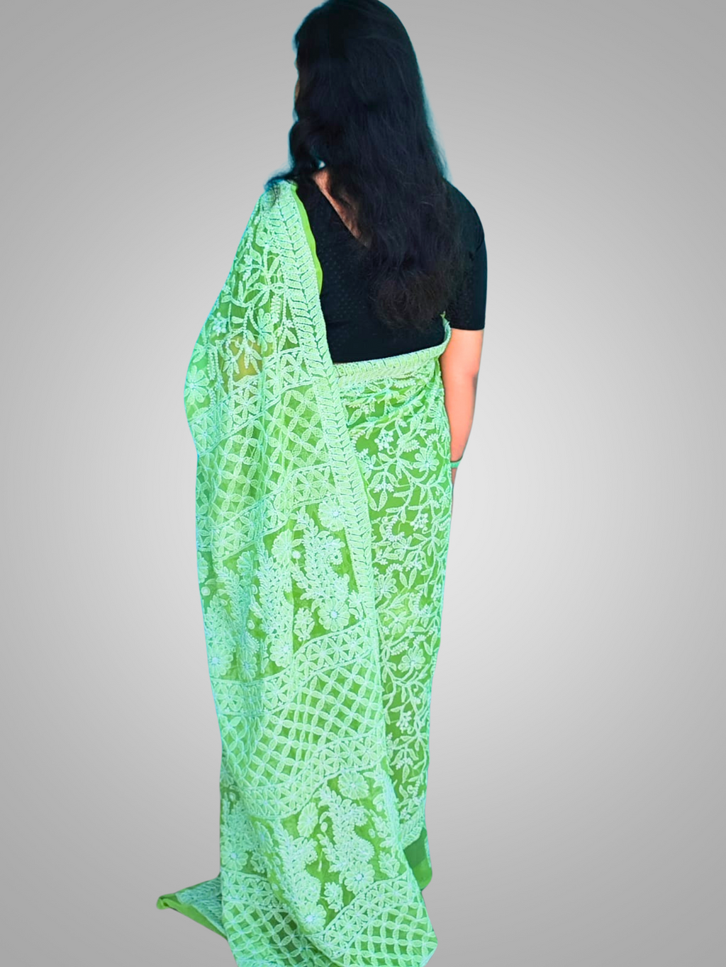 KURTIVERSE Chikan Hand Embroidered Georgette Saree with Blouse