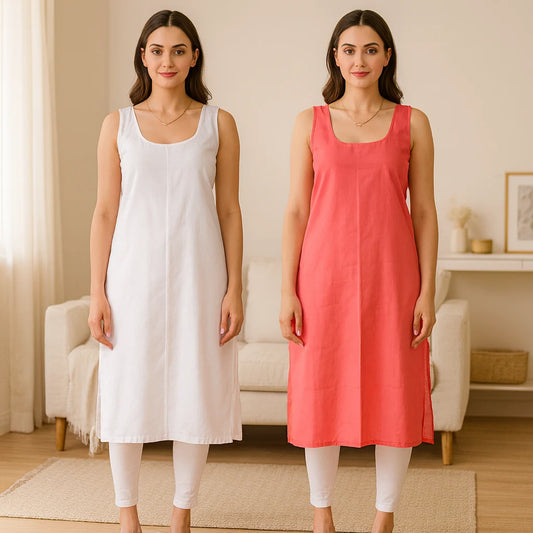 KURTIVERSE Women’s Poly Cotton Long Inner Slip Combo Pack of 2 with Side Slit | Caret Red & White
