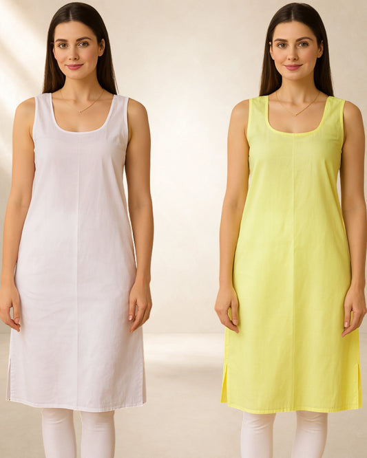 KURTIVERSE Women’s Poly Cotton Long Inner Slip Combo Pack of 2 with Side Slit | Fawn Yellow & White