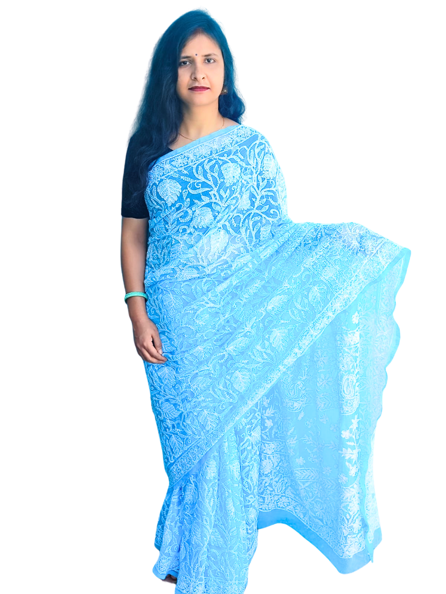 KURTIVERSE Chikan Hand Embroidered Georgette Saree with Blouse