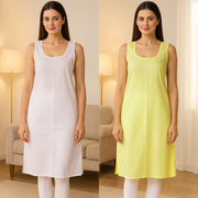 KURTIVERSE Women’s Poly Cotton Long Inner Slip Combo Pack of 2 with Side Slit | Fawn Yellow & White