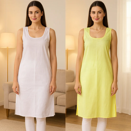 KURTIVERSE Women’s Poly Cotton Long Inner Slip Combo Pack of 2 with Side Slit | Fawn Yellow & White