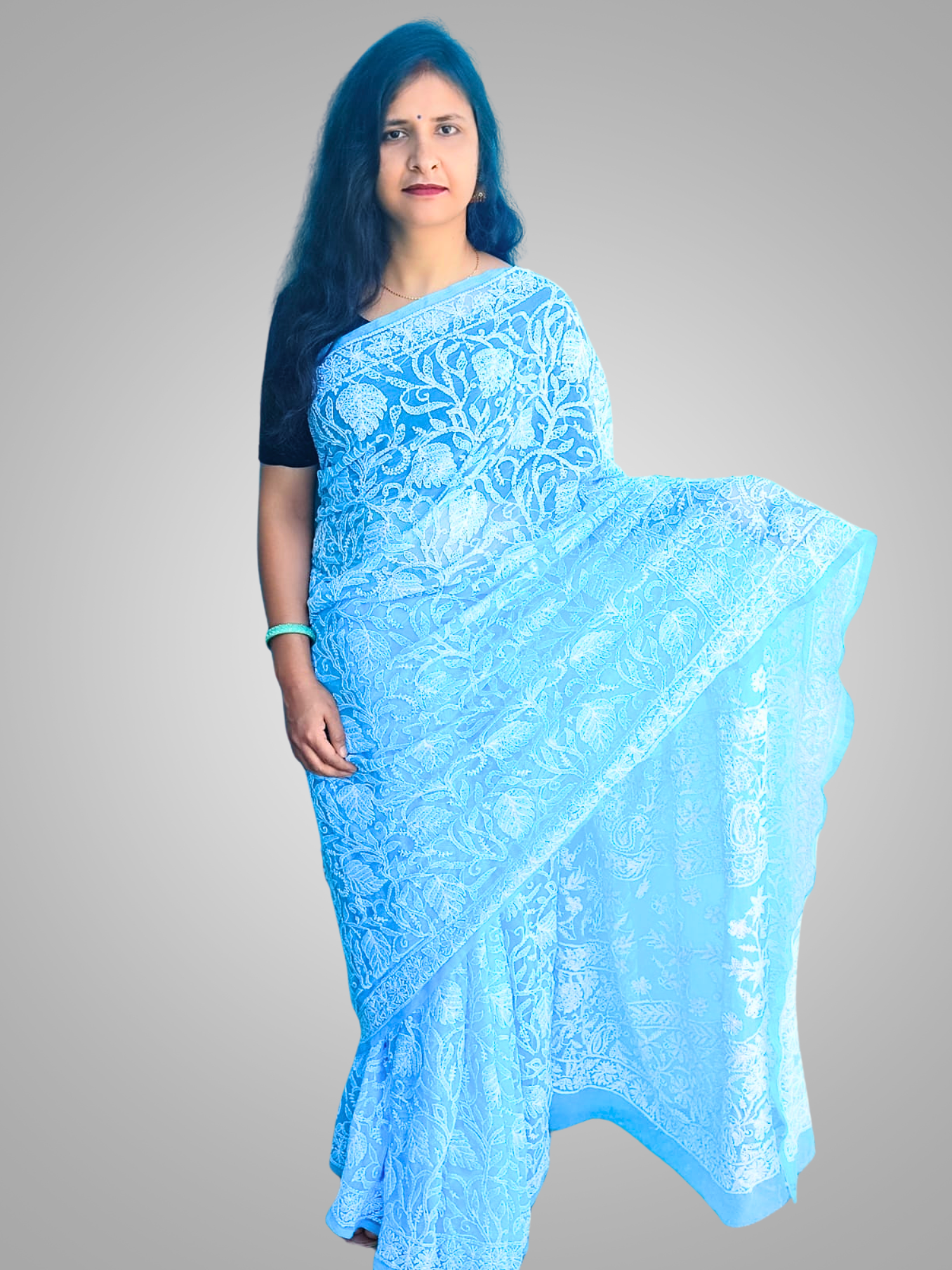 KURTIVERSE Chikan Hand Embroidered Georgette Saree with Blouse