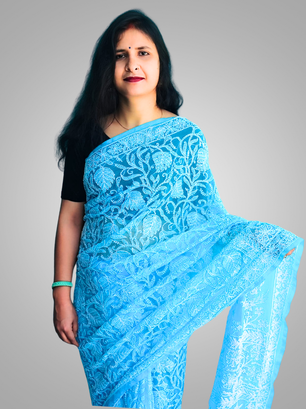 KURTIVERSE Chikan Hand Embroidered Georgette Saree with Blouse