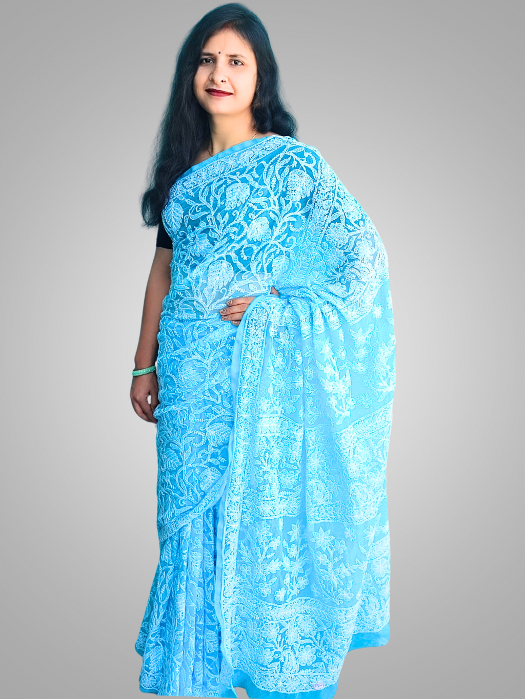 KURTIVERSE Chikan Hand Embroidered Georgette Saree with Blouse