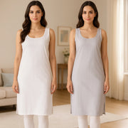 KURTIVERSE Women’s Poly Cotton Long Inner Slip Combo Pack of 2 with Side Slit | Light Grey & White